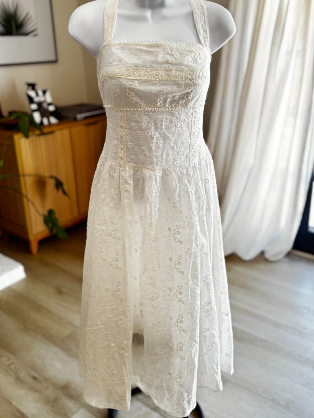 Eyelet Cotton Emblished Square Neck Slip Spring Midi Dress